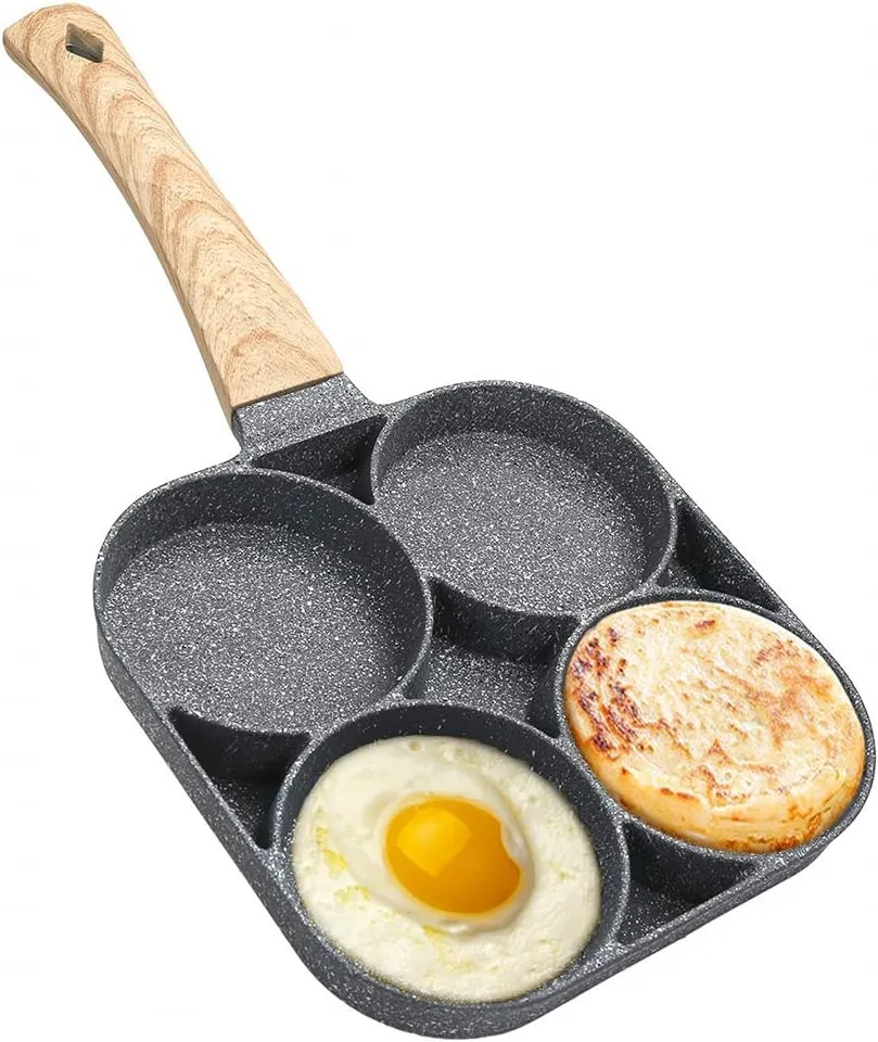 4 Hole Omelet Pan for Burger Egg Ham Pancake Maker Wooden Handle Frying Pan